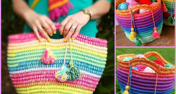 Crochet Rainbow Rope Basket