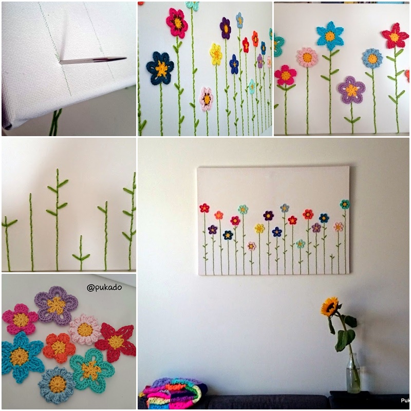 DIY Lovely Crochet Flowers On Canvas With Free Pattern