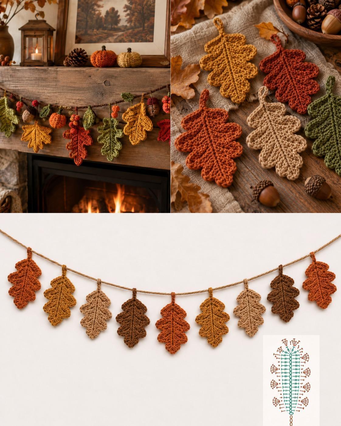 Crochet oak leaf garland across an autumn mantel with colorful leaf closeups