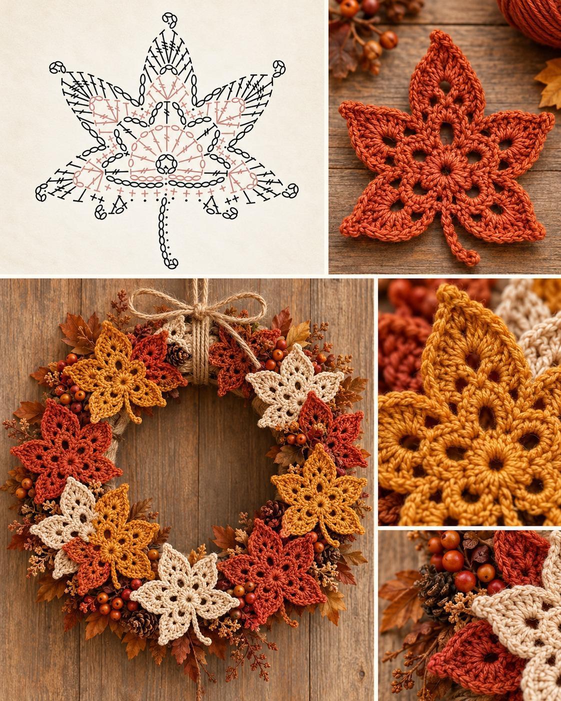 Mustard rust and cream crocheted maple leaves on a grapevine wreath