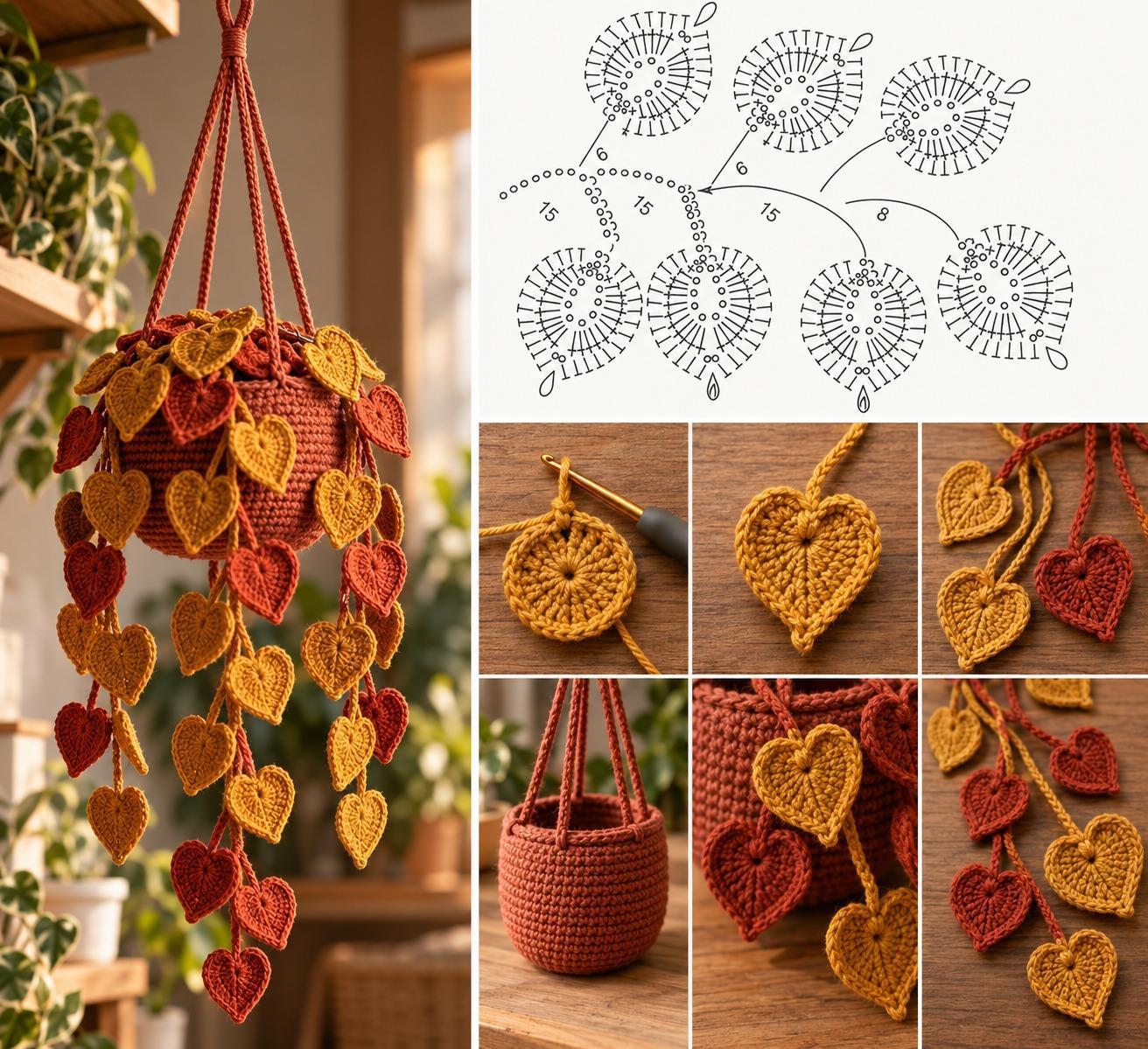 Rust hanging crochet planter cover with trailing mustard and terracotta heart leaves