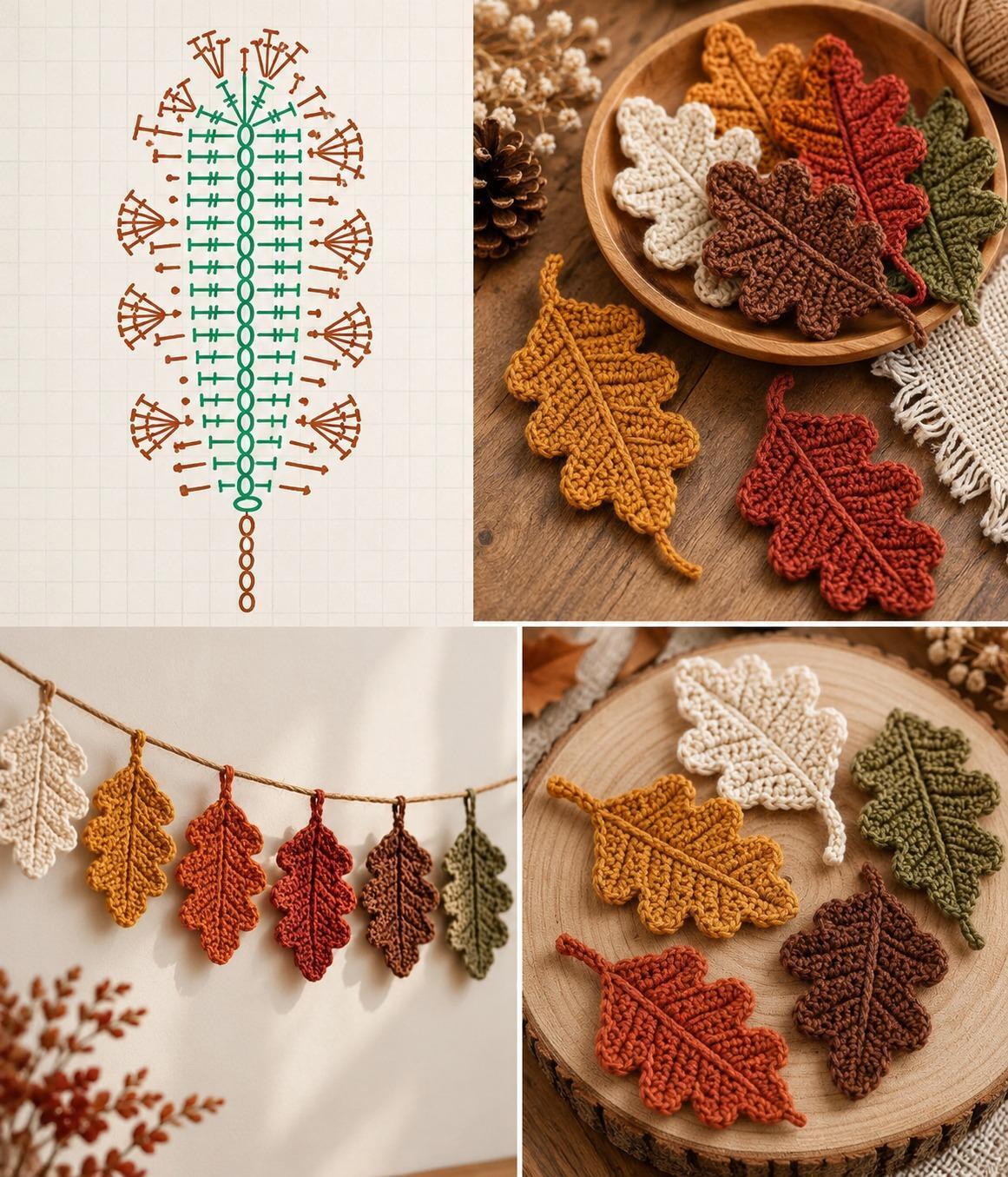 Rust mustard olive and cream crochet oak leaves on jute cord