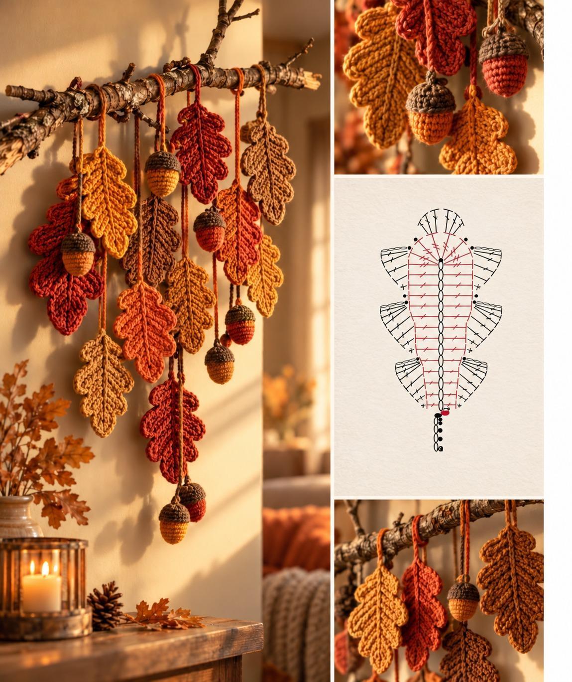 Crocheted oak leaves and brown acorns suspended from a natural branch