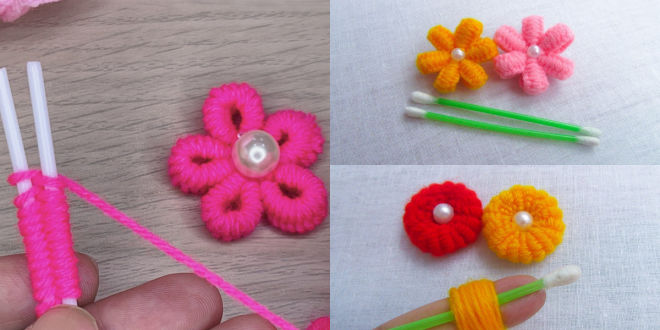 Wool flowers made with cotton buds