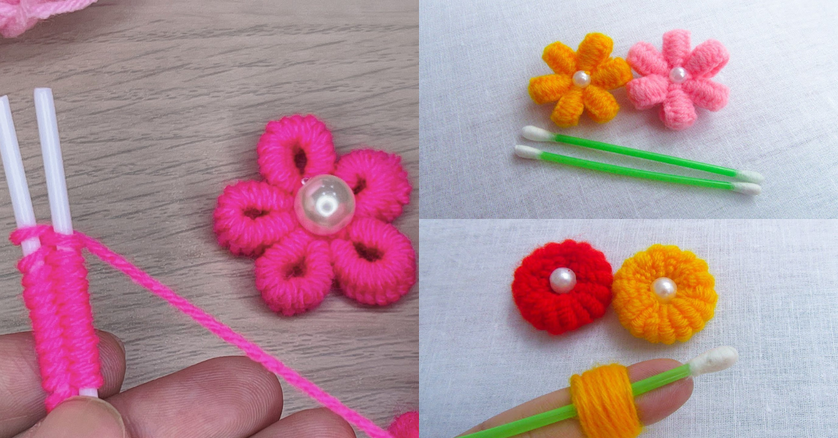 Wool flowers made with cotton buds