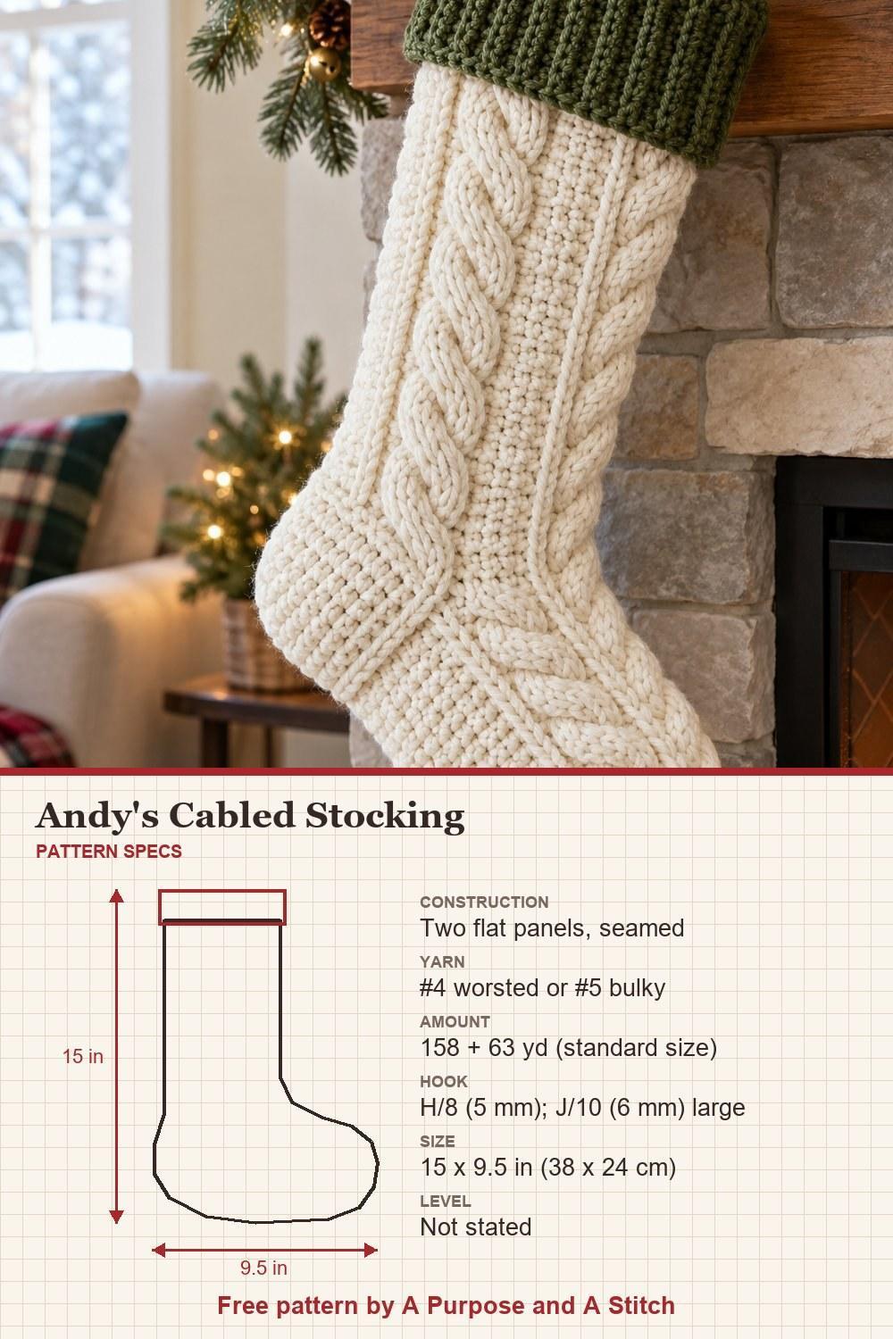 Cream cabled crochet stocking with a deep olive green folded ribbed cuff, with pattern specs: size, yarn and hook