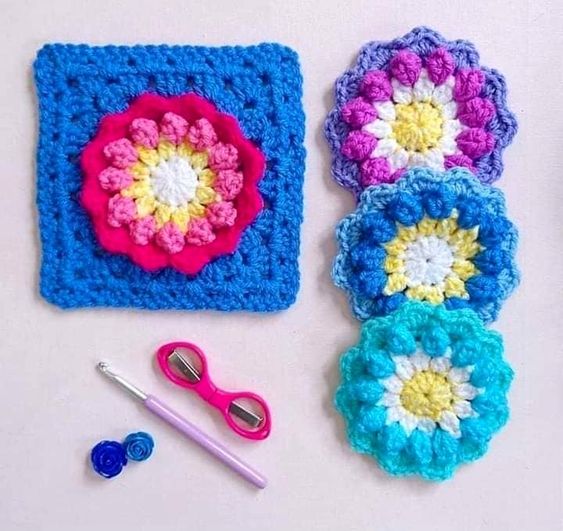 bag made with squares of crochet flowers