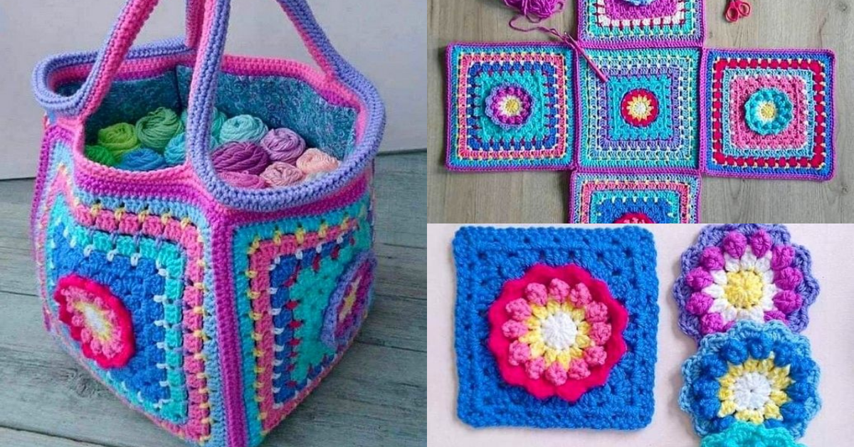 bag made with squares of crochet flowers