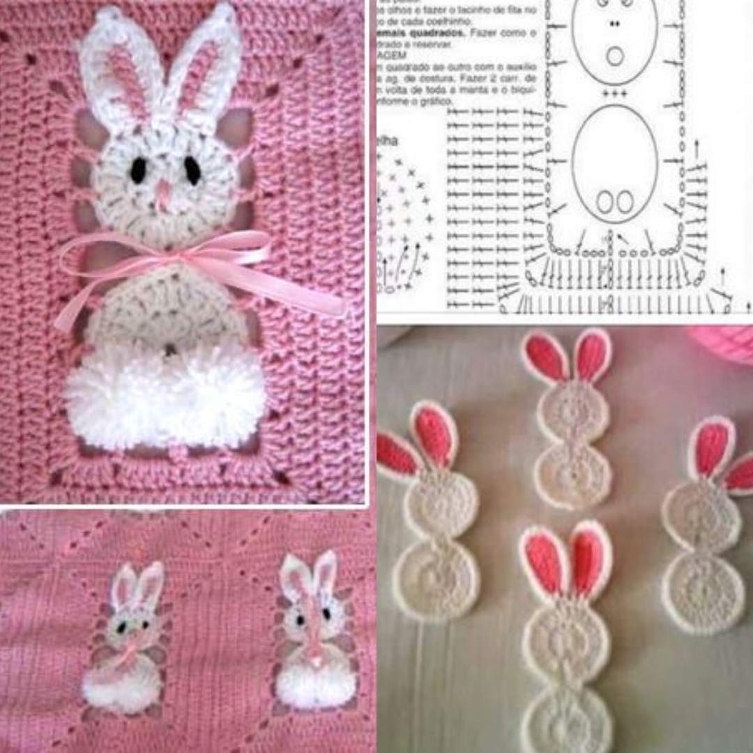 blanket with crochet rabbit squares