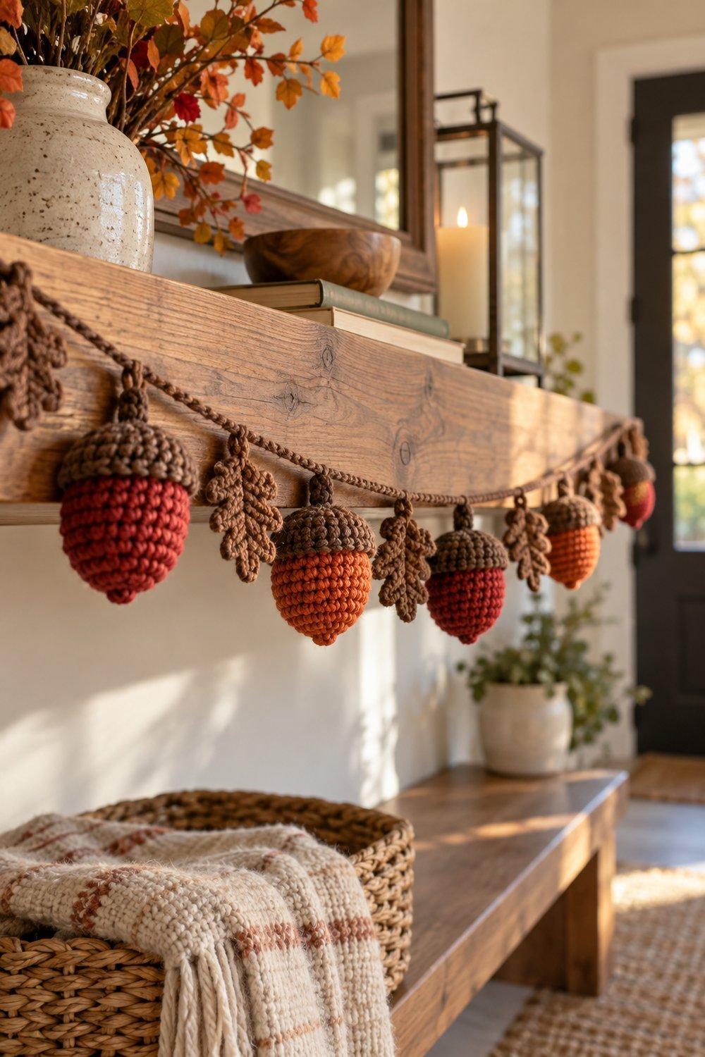 Red and orange crochet acorns with brown caps strung along an entryway shelf