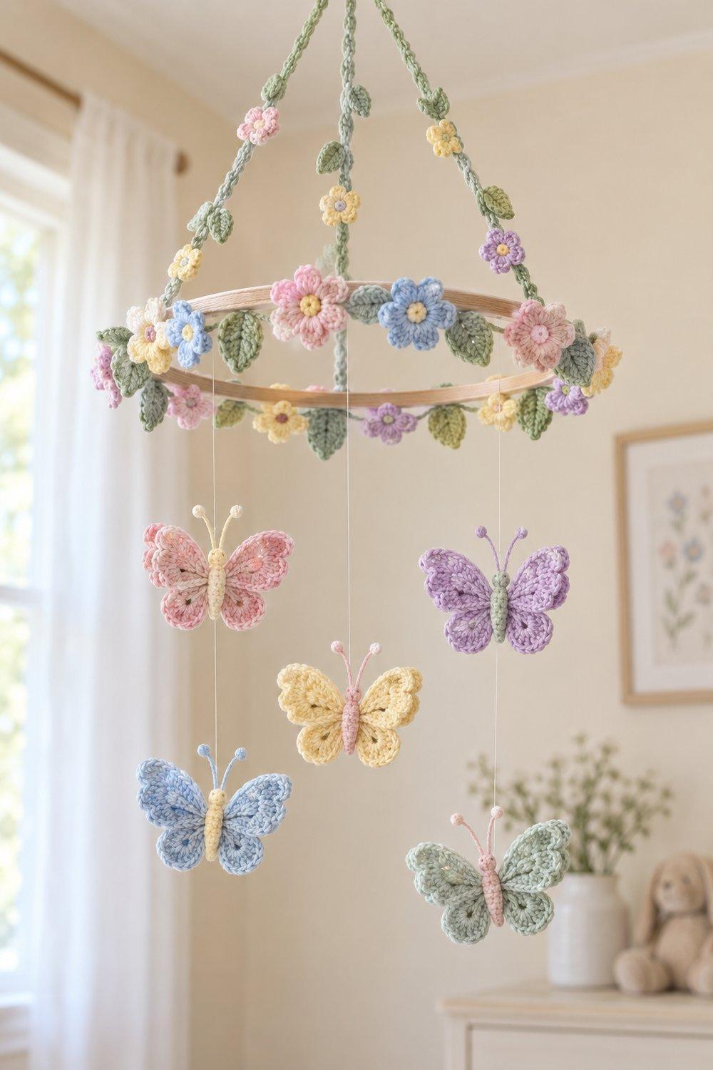 Pastel crochet butterflies hanging beneath a hoop covered with flowers and leaves