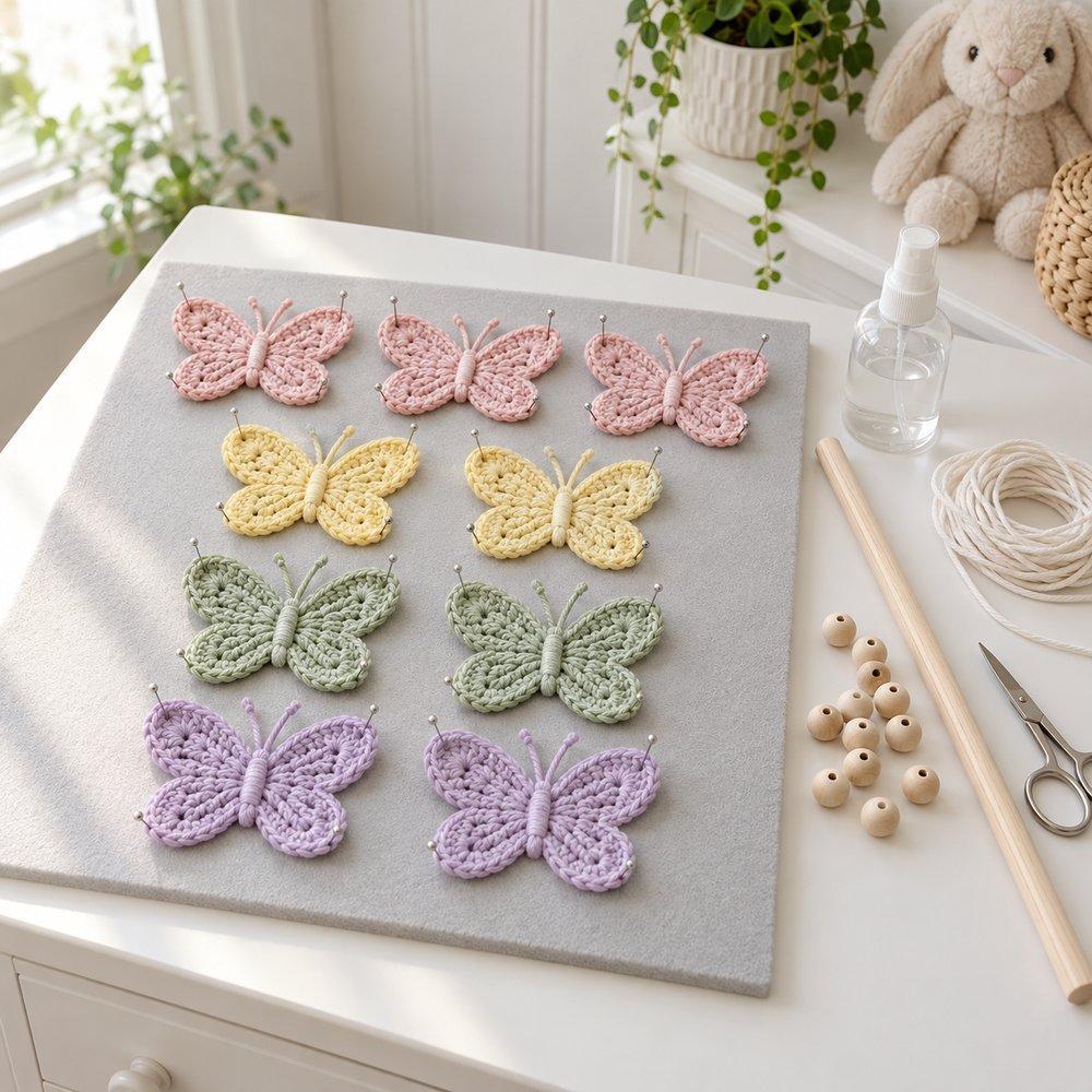 Finished crocheted butterflies pinned flat on a blocking mat and drying