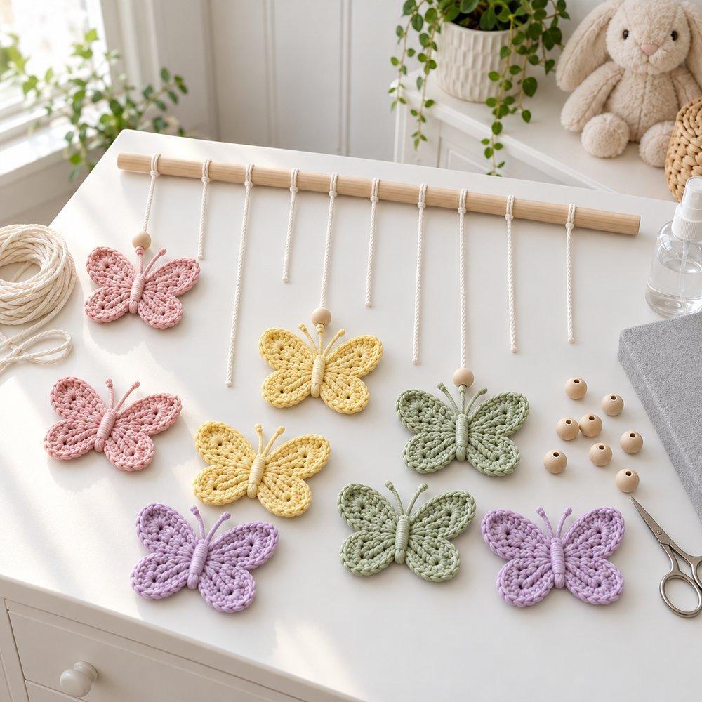 Cotton strings tied to a wooden dowel at staggered hanging lengths