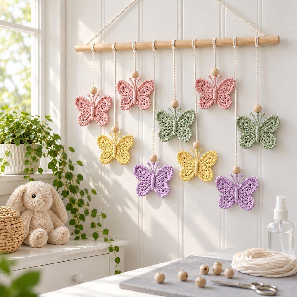Finished pastel crochet butterfly hanging displayed above a white dresser