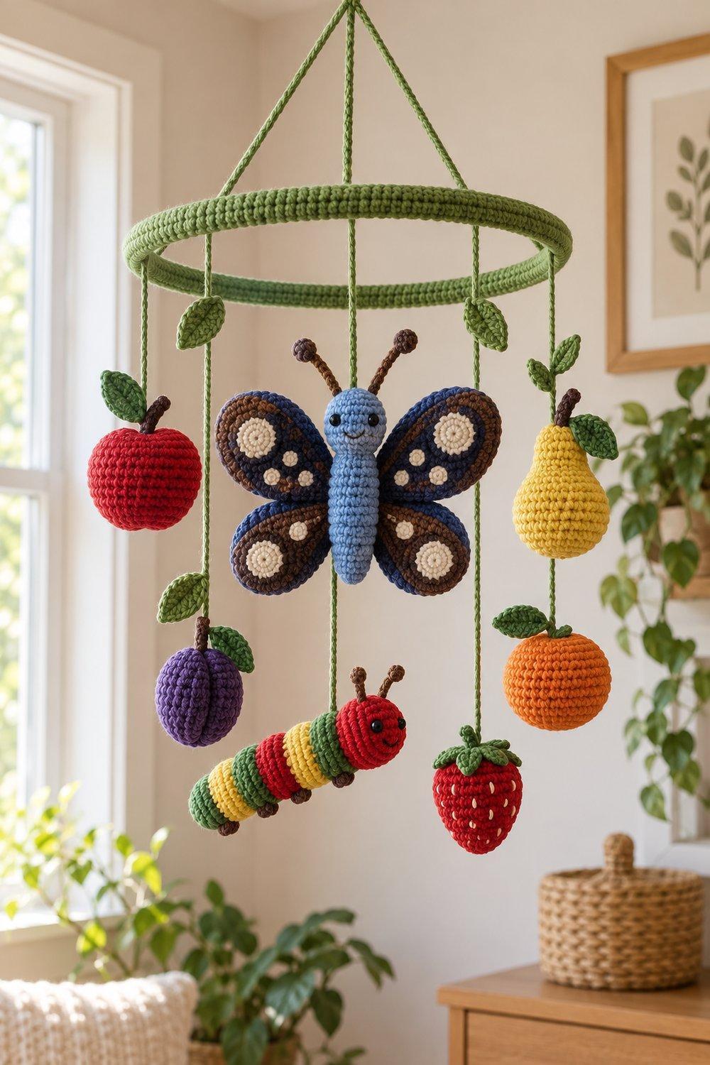 Crochet butterfly and caterpillar mobile with fruit suspended below a covered ring