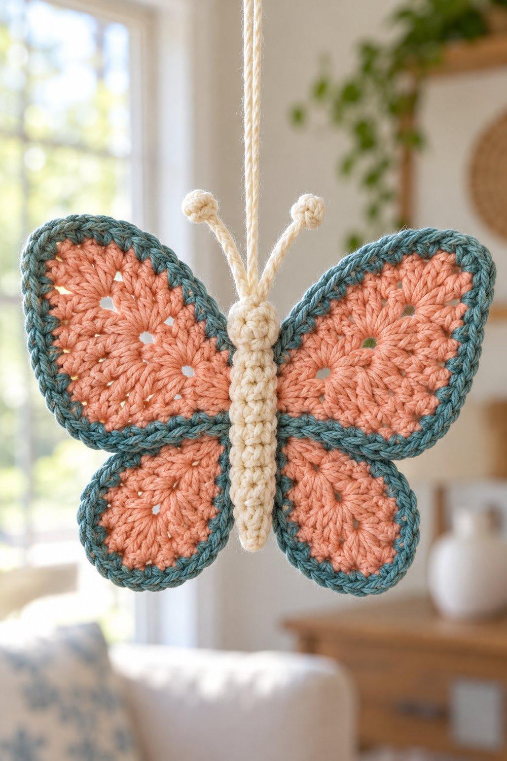 Cotton crochet butterfly with a narrow stitched body and contrasting wing borders