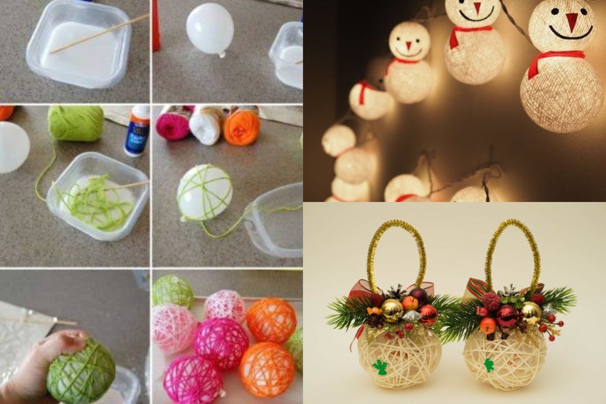 christmas balls with yarn and glue