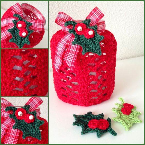 christmas crochet mason jar cover ideas 10