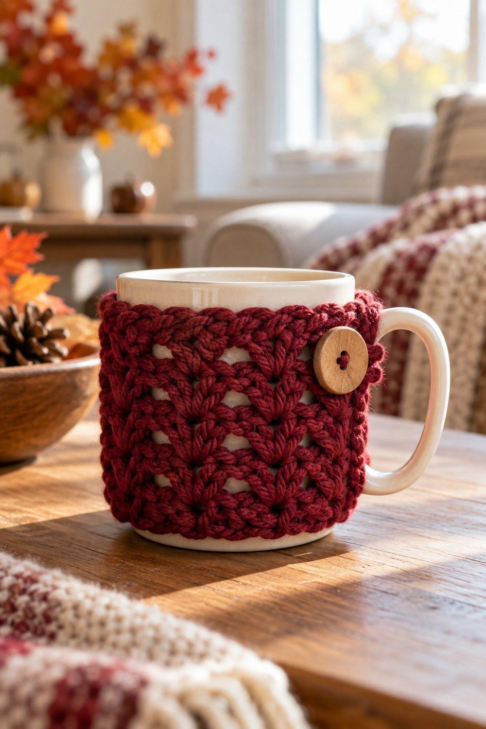 Cranberry chunky crochet mug cozy with a wooden button on a cream mug