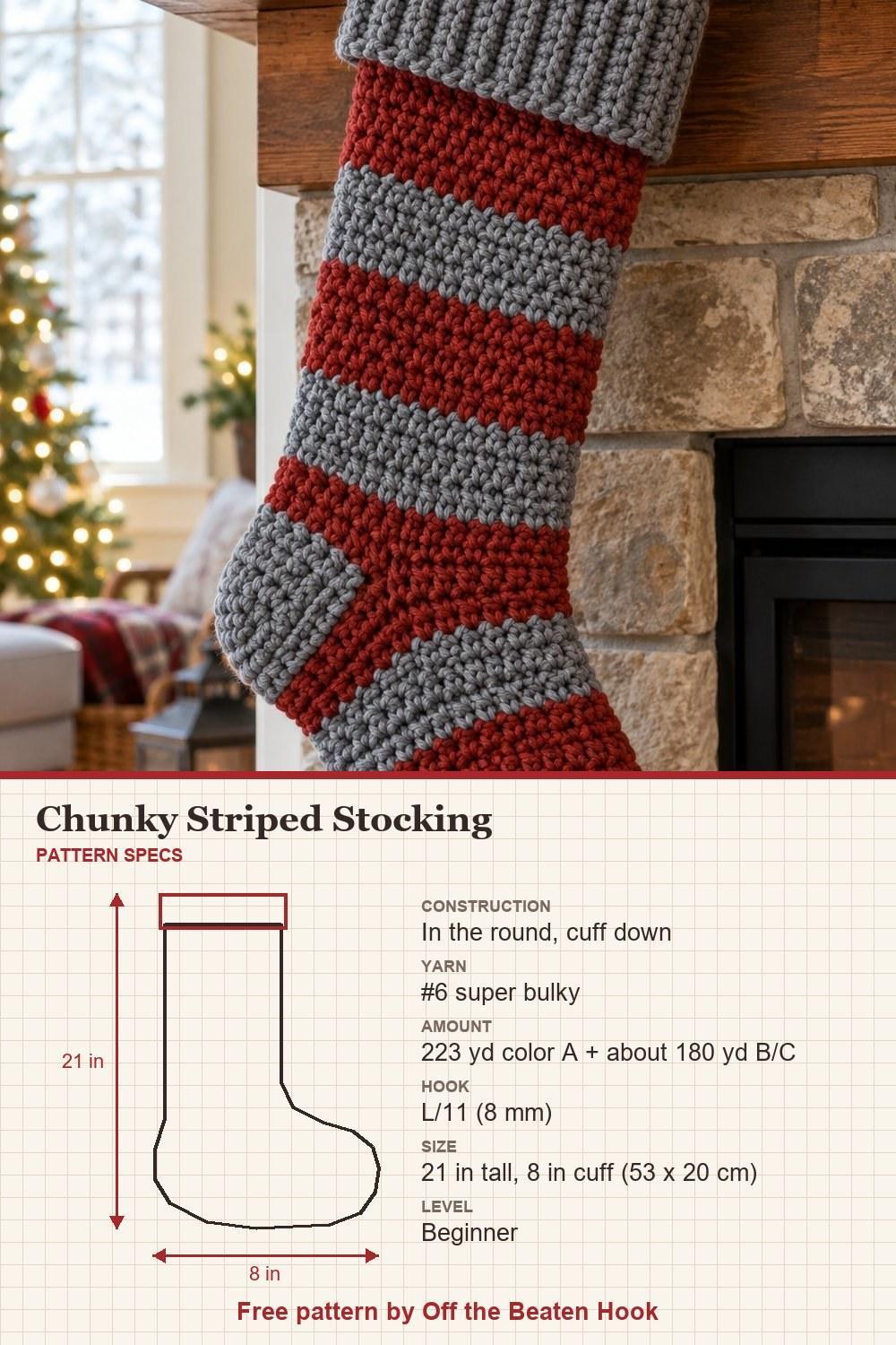 Chunky red and gray striped crochet stocking with a wide folded gray cuff, with pattern specs: size, yarn and hook