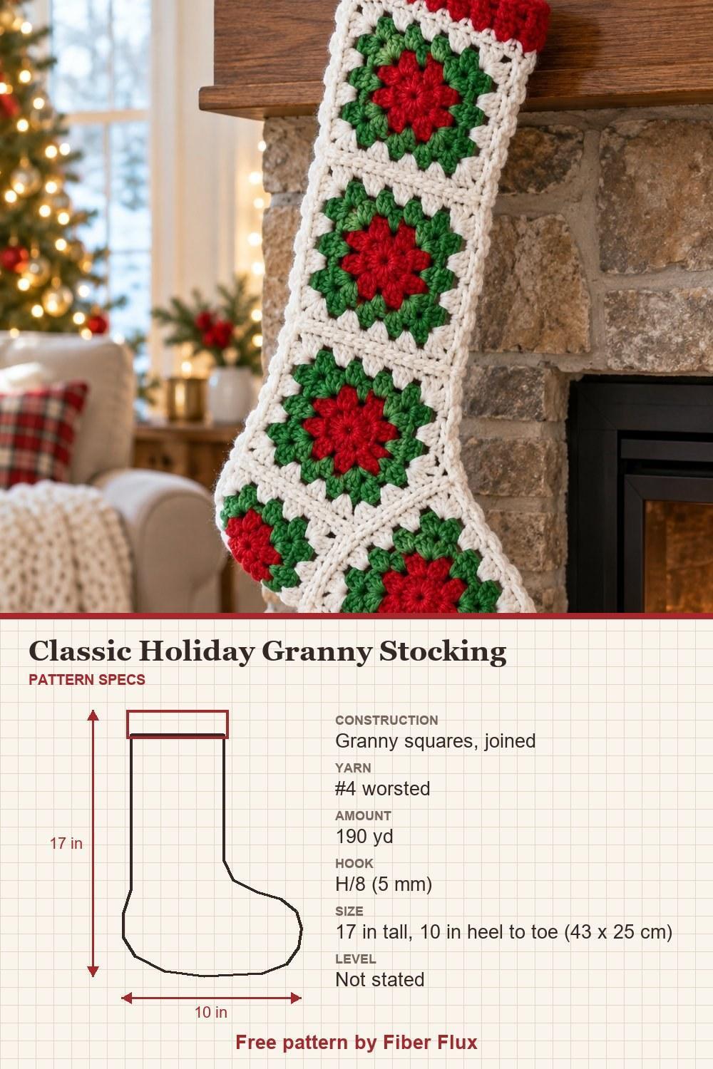 Red green and white granny square crochet stocking with gold bell accents, with pattern specs: size, yarn and hook