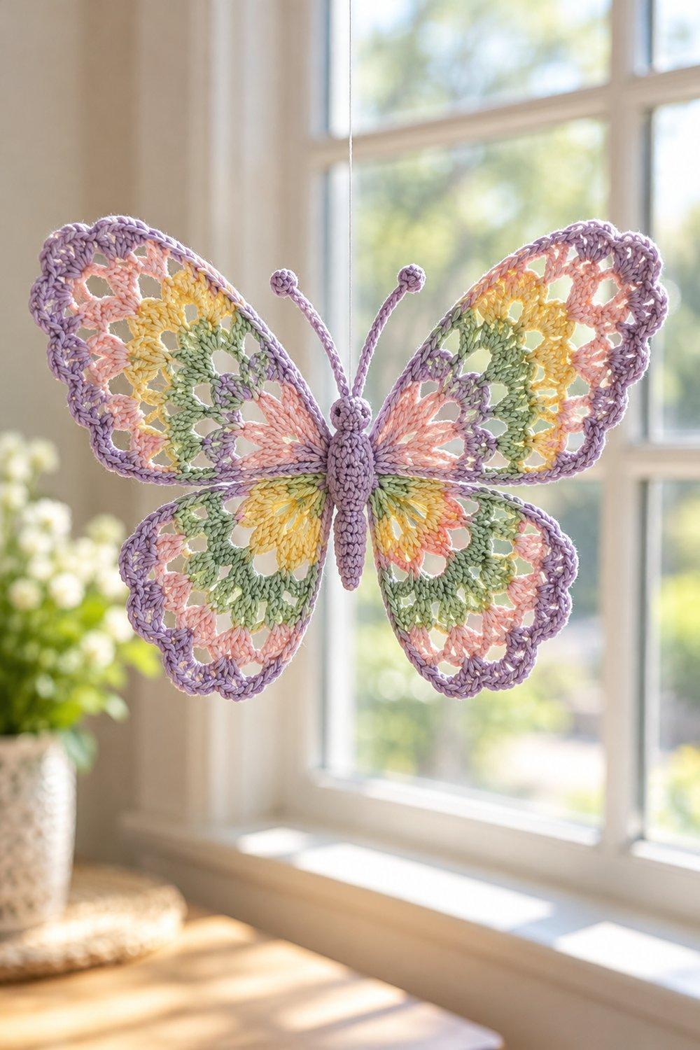 Colorful crochet butterfly with openwork wings hanging in a bright window