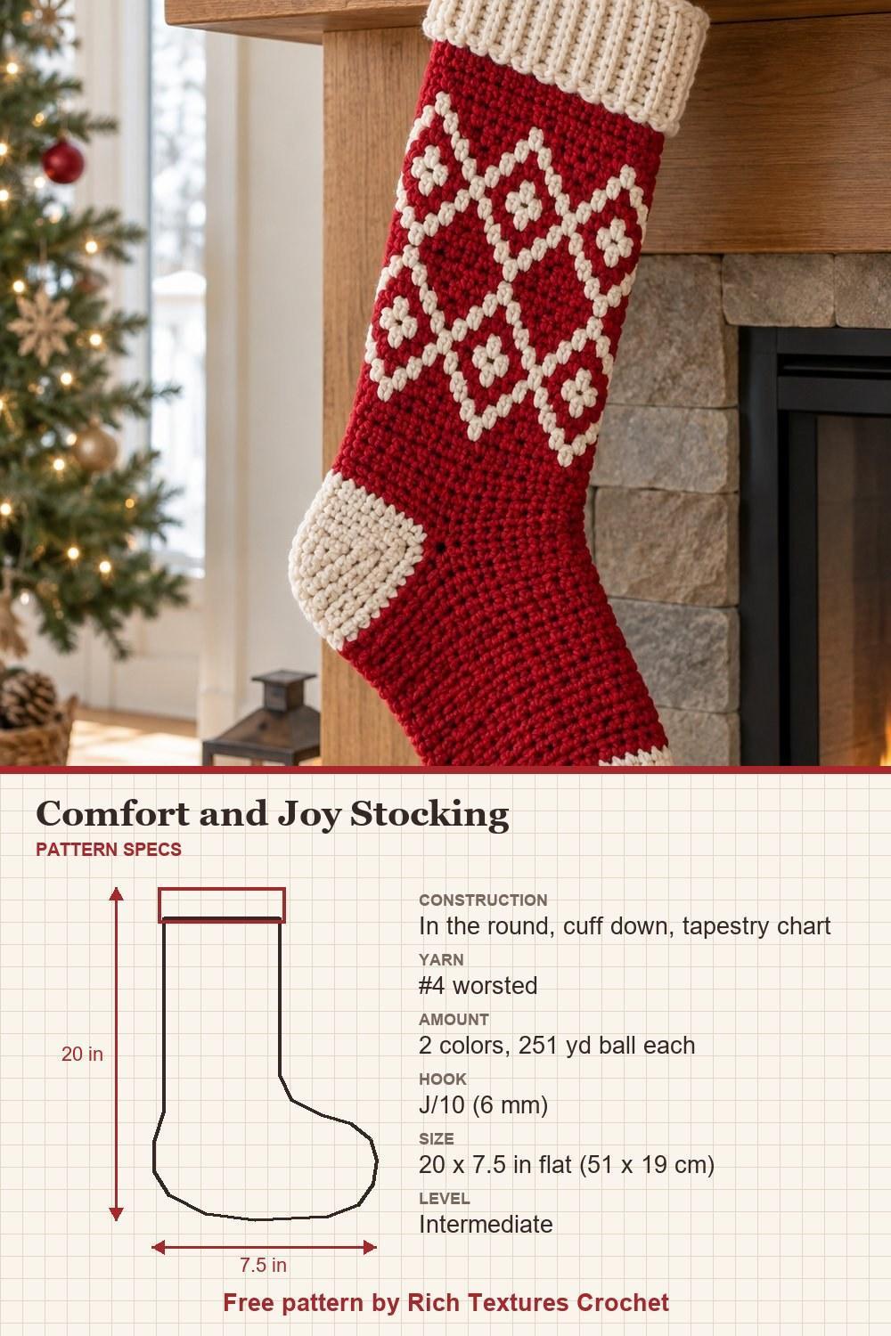 Red crochet stocking with cream geometric colorwork and contrasting heel and toe, with pattern specs: size, yarn and hook