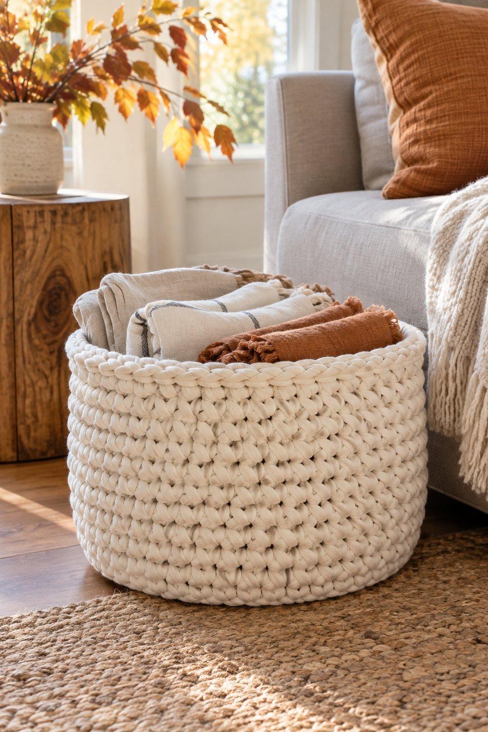 Round cream crochet storage basket holding folded linen beside a cozy sofa