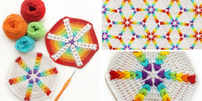 croche rainbow puff hexagon