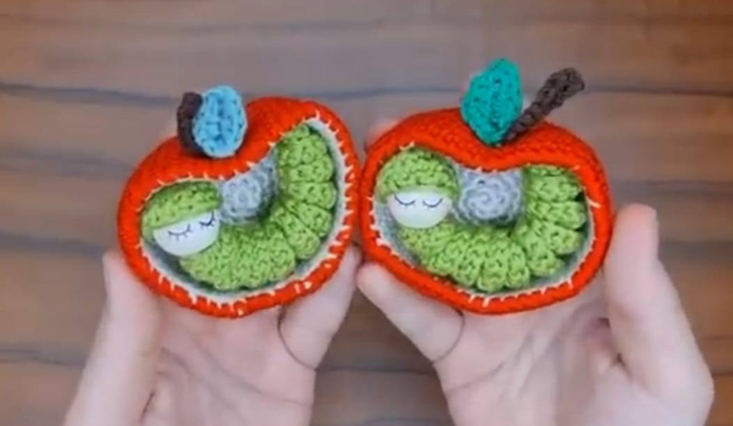 crochet apple with worm inside 8