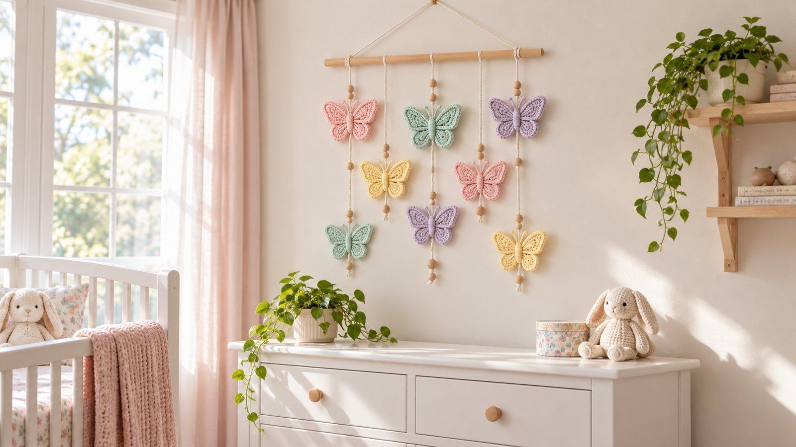 Pastel crocheted butterflies and wooden beads hanging above a white nursery dresser