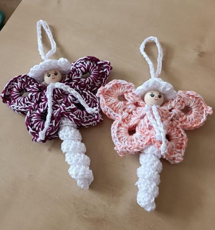 crochet butterfly ornaments with wooden heads 6