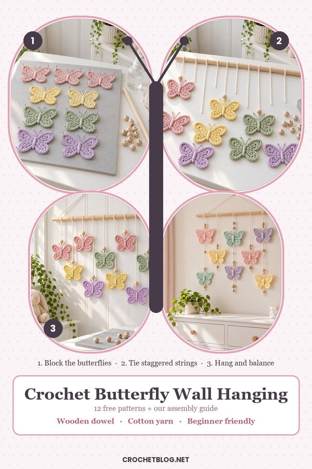Crochet butterfly wall hanging step by step: block the butterflies, tie staggered strings on a dowel, hang and balance