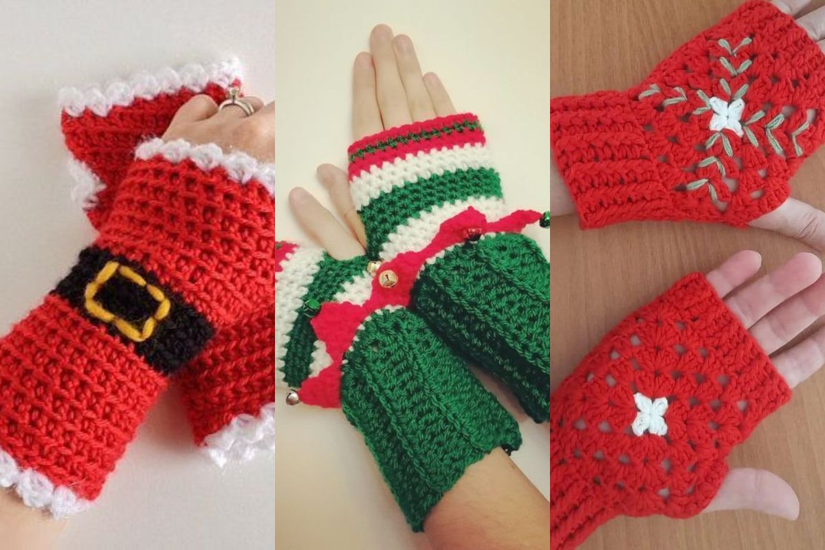 crochet christmas fingerless gloves ideas 2