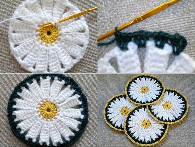 crochet coasters camomiles