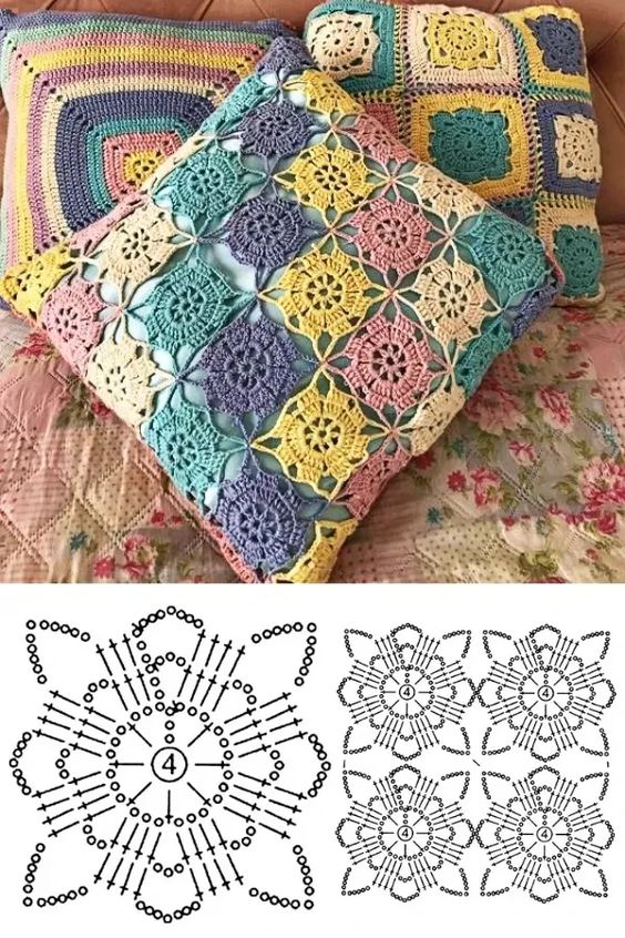 crochet cushion cover with flowers 3
