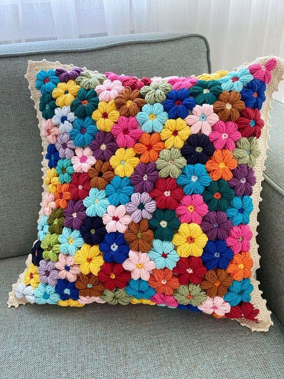 crochet cushion cover with flowers 7