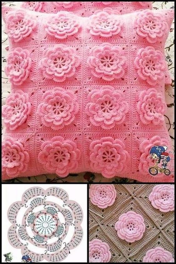 crochet cushion cover with flowers