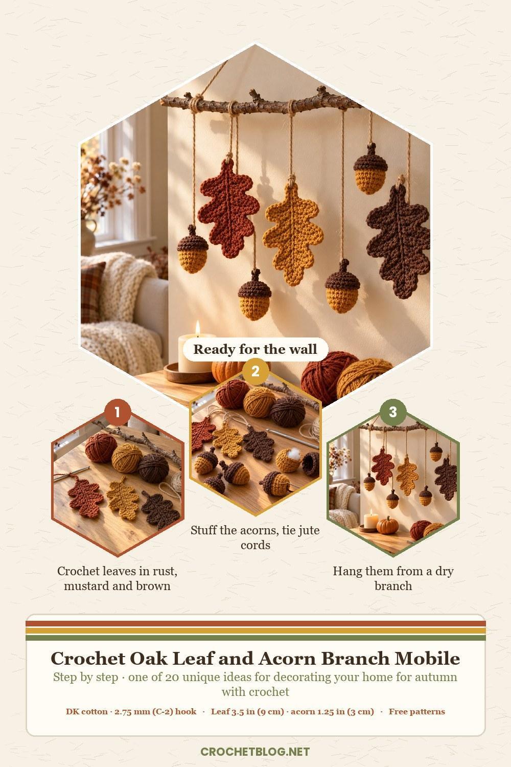 Step by step crochet oak leaf and acorn branch mobile: crochet the leaves, stuff the acorns, hang them from a branch