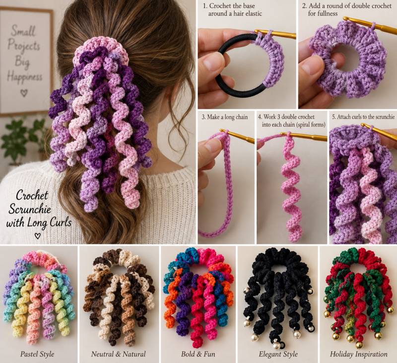 crochet scrunchie with long curls spirals