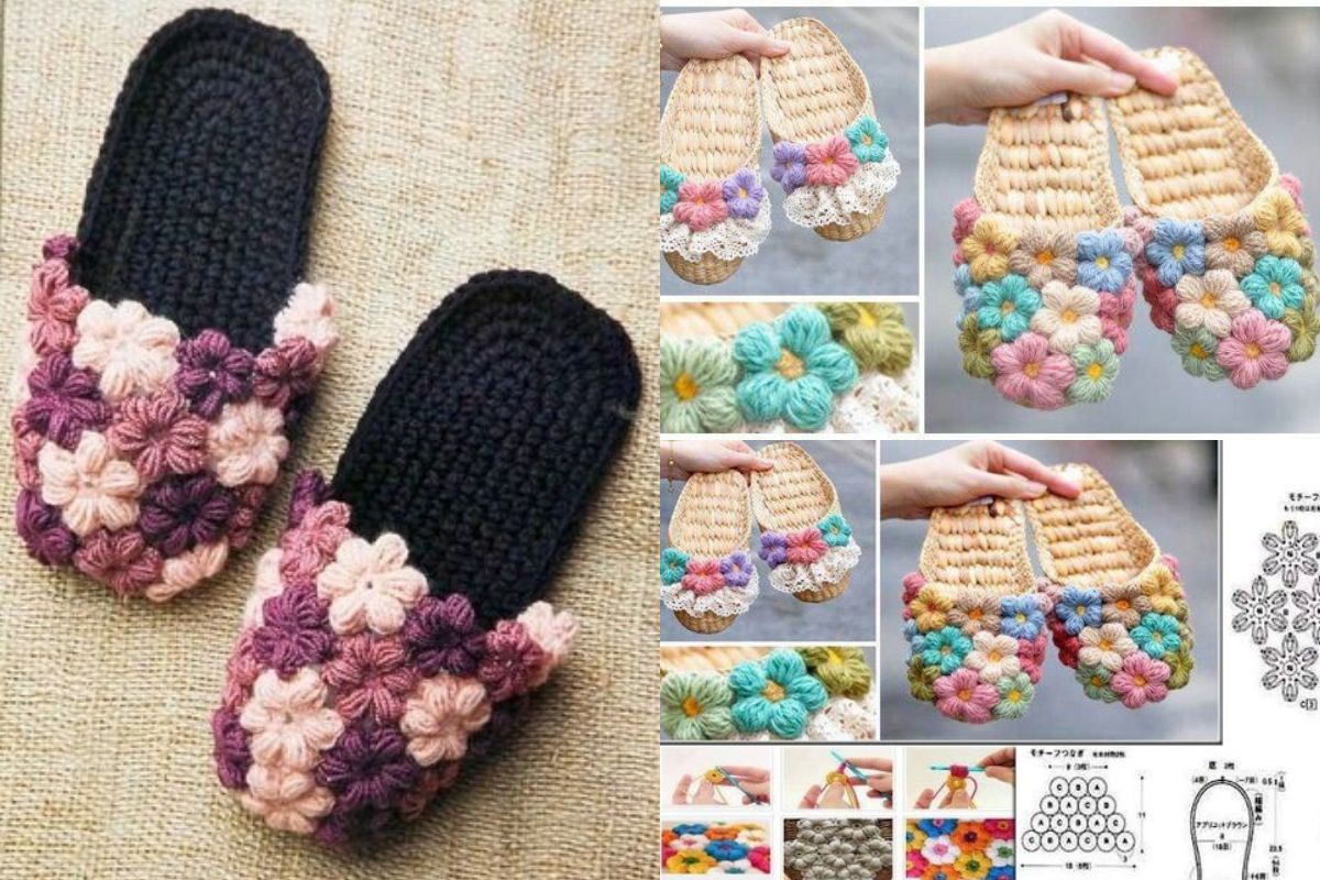 crochet slippers with flowers diagrams 5