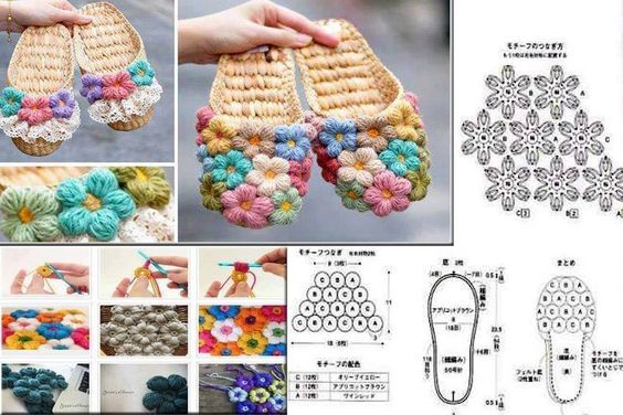 crochet slippers with flowers diagrams