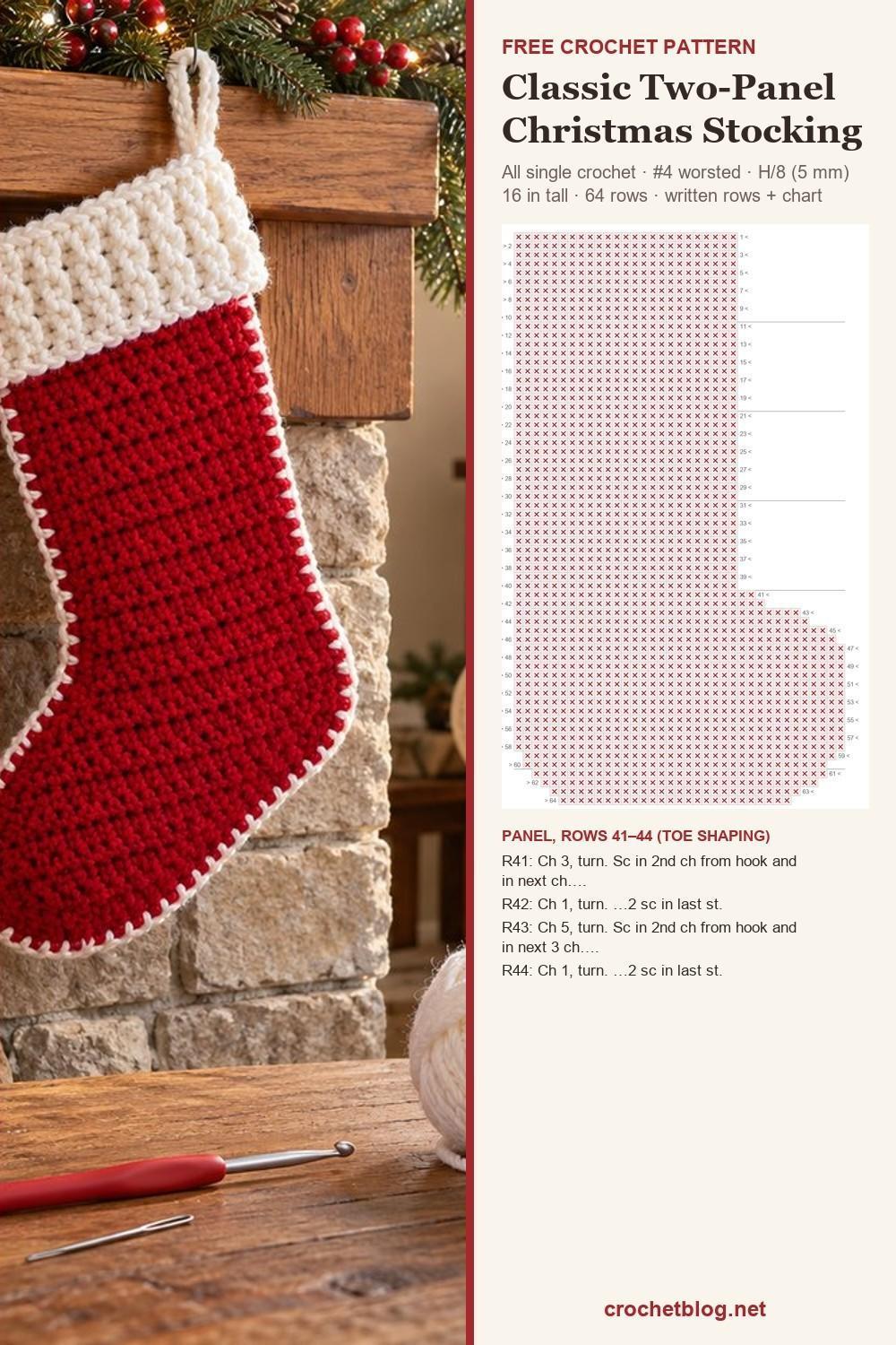 Red crochet Christmas stocking with white cuff next to its free pattern chart and written rows