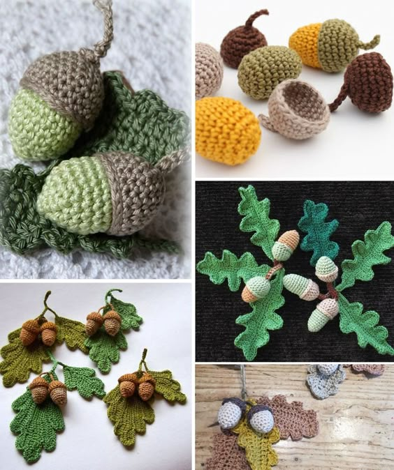 crocheted acorns on a leaf 7