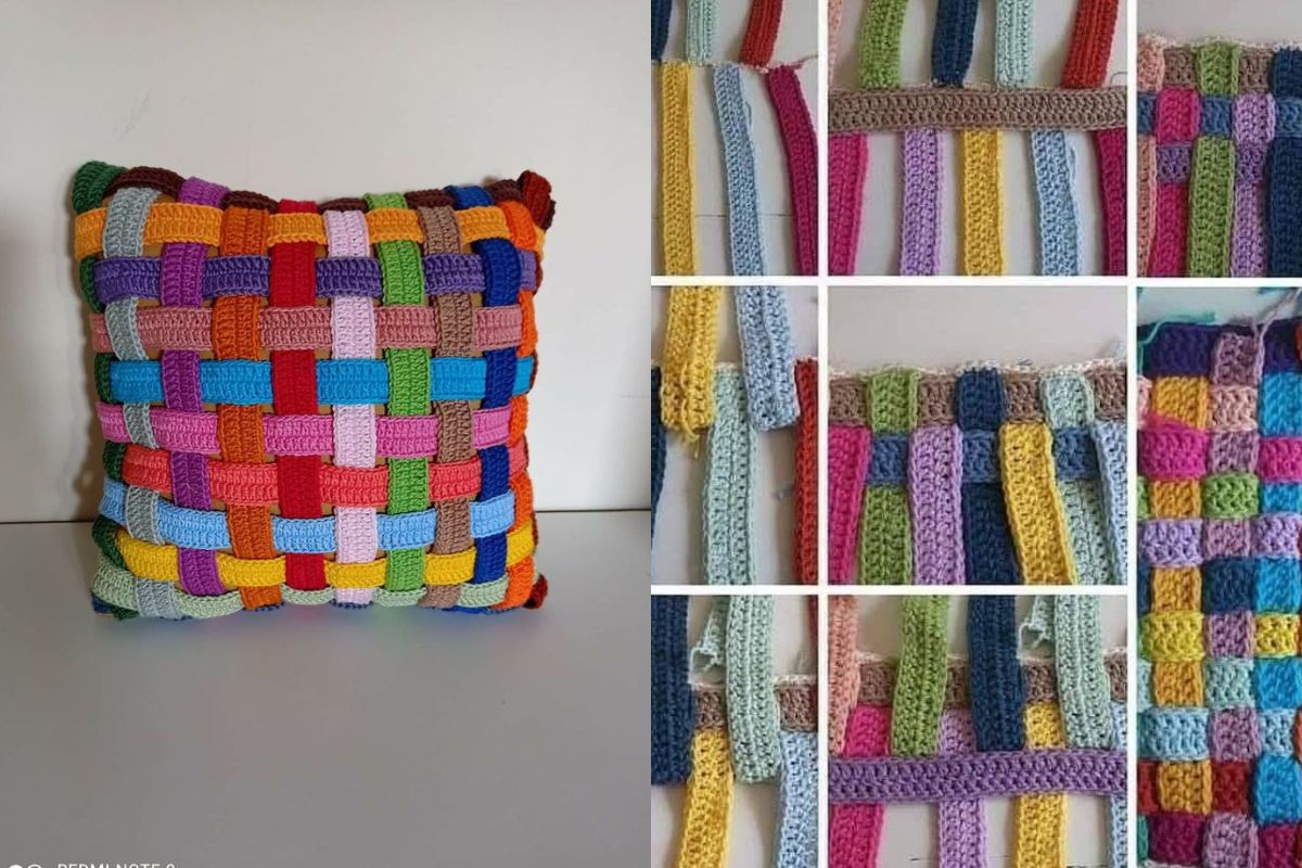 cushion made with crochet strips 8