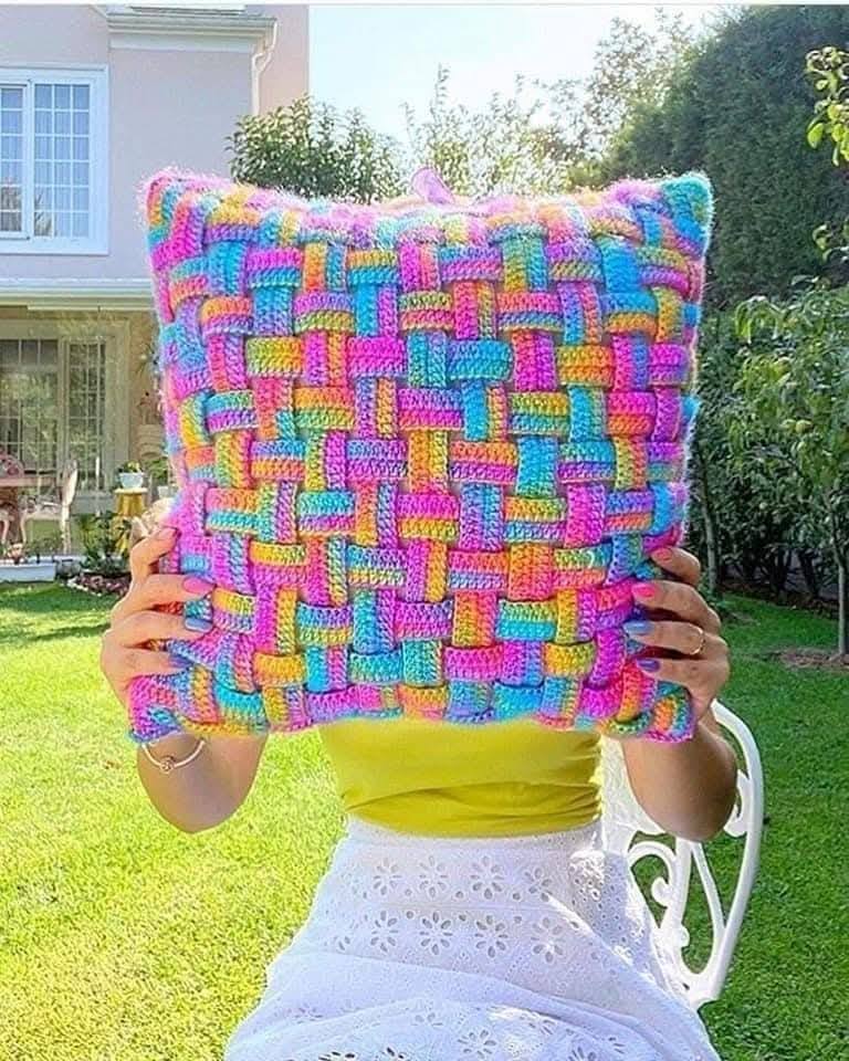 cushion made with crochet strips