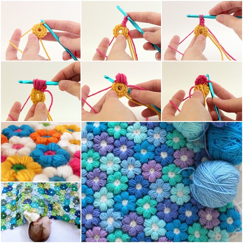 diy crochet 6 petal puff stitch flower blanket