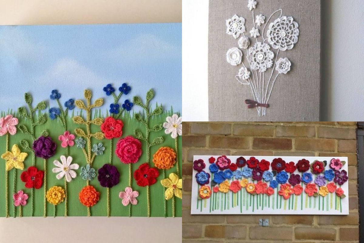 diy lovely crochet flowers on canvas with free pattern