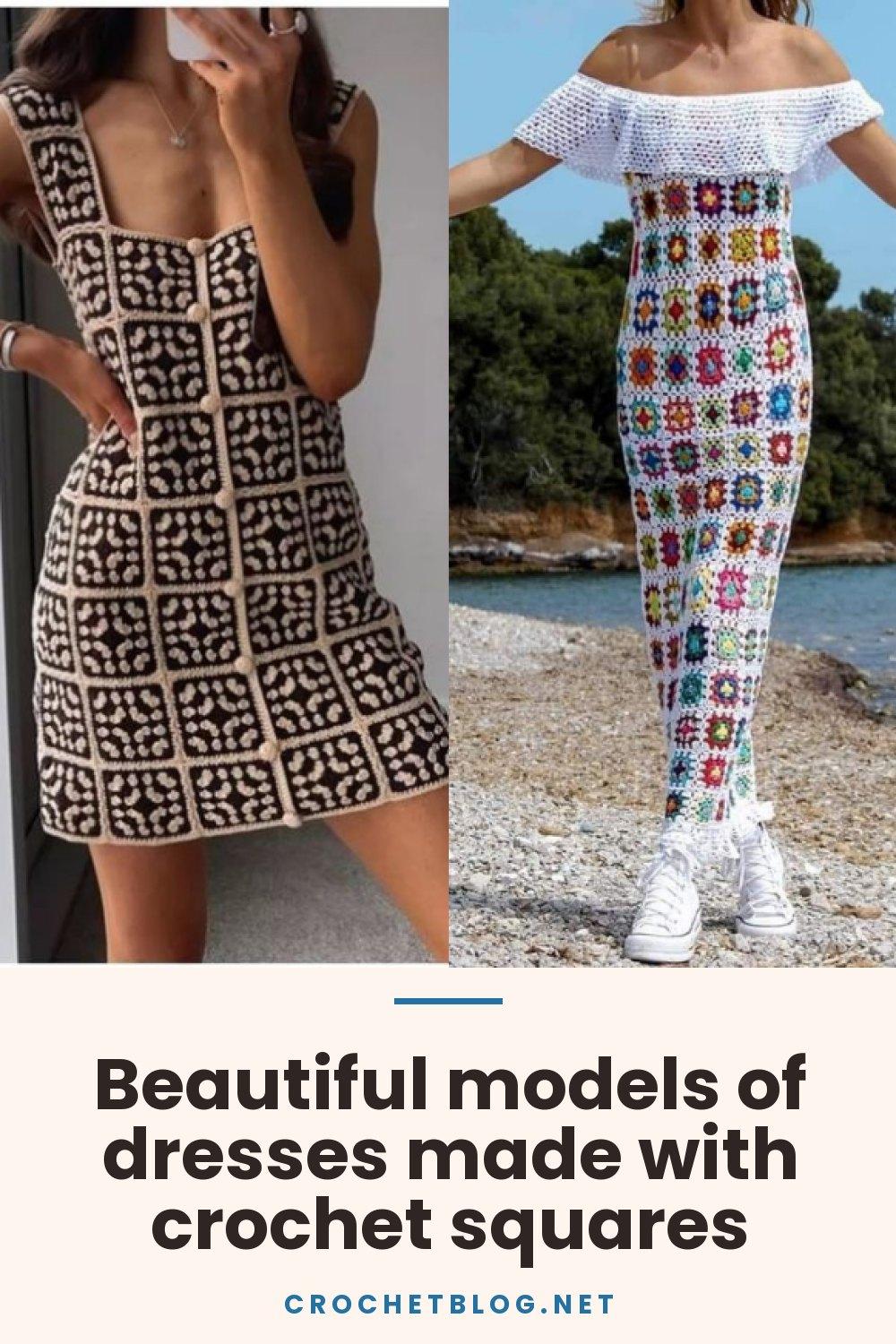 Beautiful models of dresses made with crochet squares