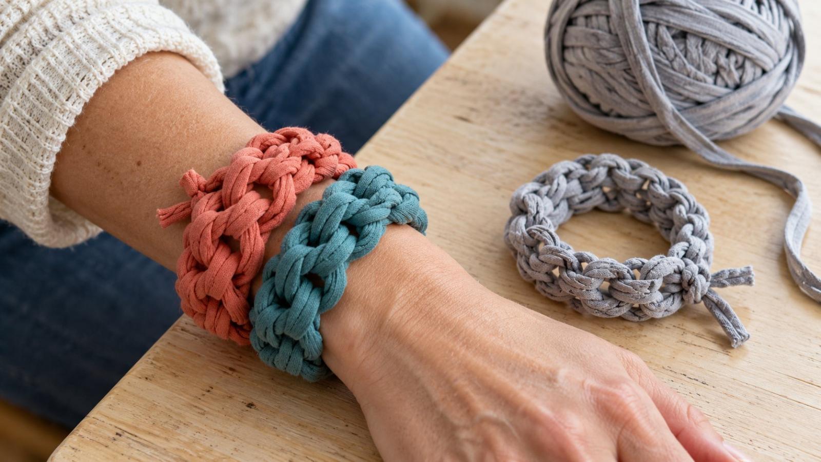 Coral and teal finger-knitted jersey bracelets on a wrist beside a gray bracelet and a ball of t-shirt yarn